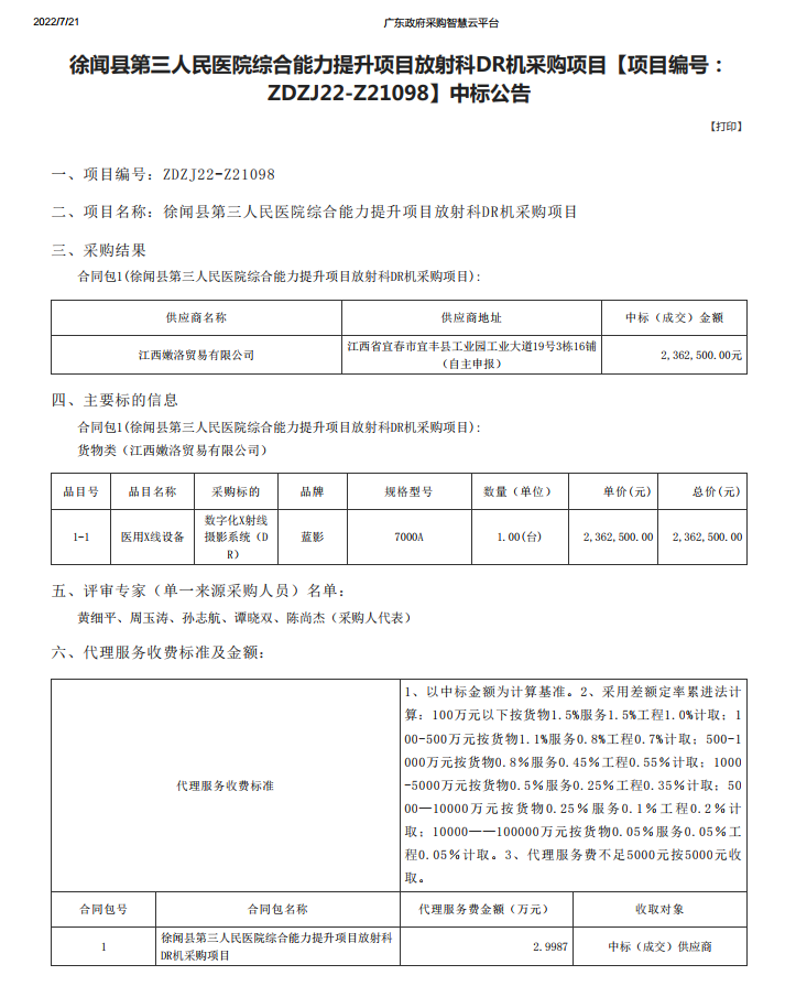 徐聞縣第三人民醫(yī)院綜合能力提升項(xiàng)目放射科DR機(jī)采購(gòu)項(xiàng)目【項(xiàng)目編號(hào)： ZDZJ22-Z21098】中標(biāo)公告(圖1)