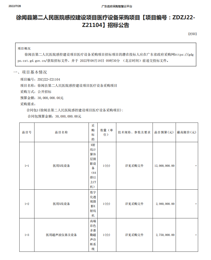 徐聞縣第二人民醫(yī)院感控建設(shè)項(xiàng)目醫(yī)療設(shè)備采購(gòu)項(xiàng)目【項(xiàng)目編號(hào)：ZDZJ22- Z21104】招標(biāo)公告(圖1)